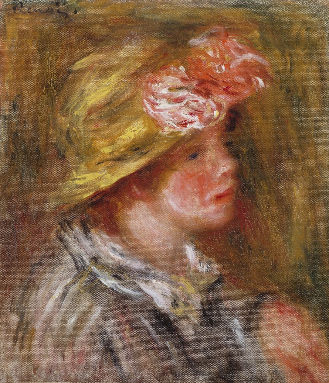 Młoda kobieta w kwiecistym kapeluszu autorstwa Pierre Auguste Renoir