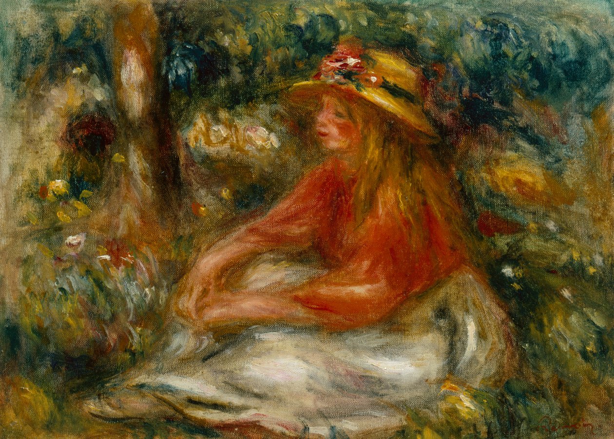 Młoda kobieta siedząca na trawie (olej na płótnie) autorstwa Pierre Auguste Renoir