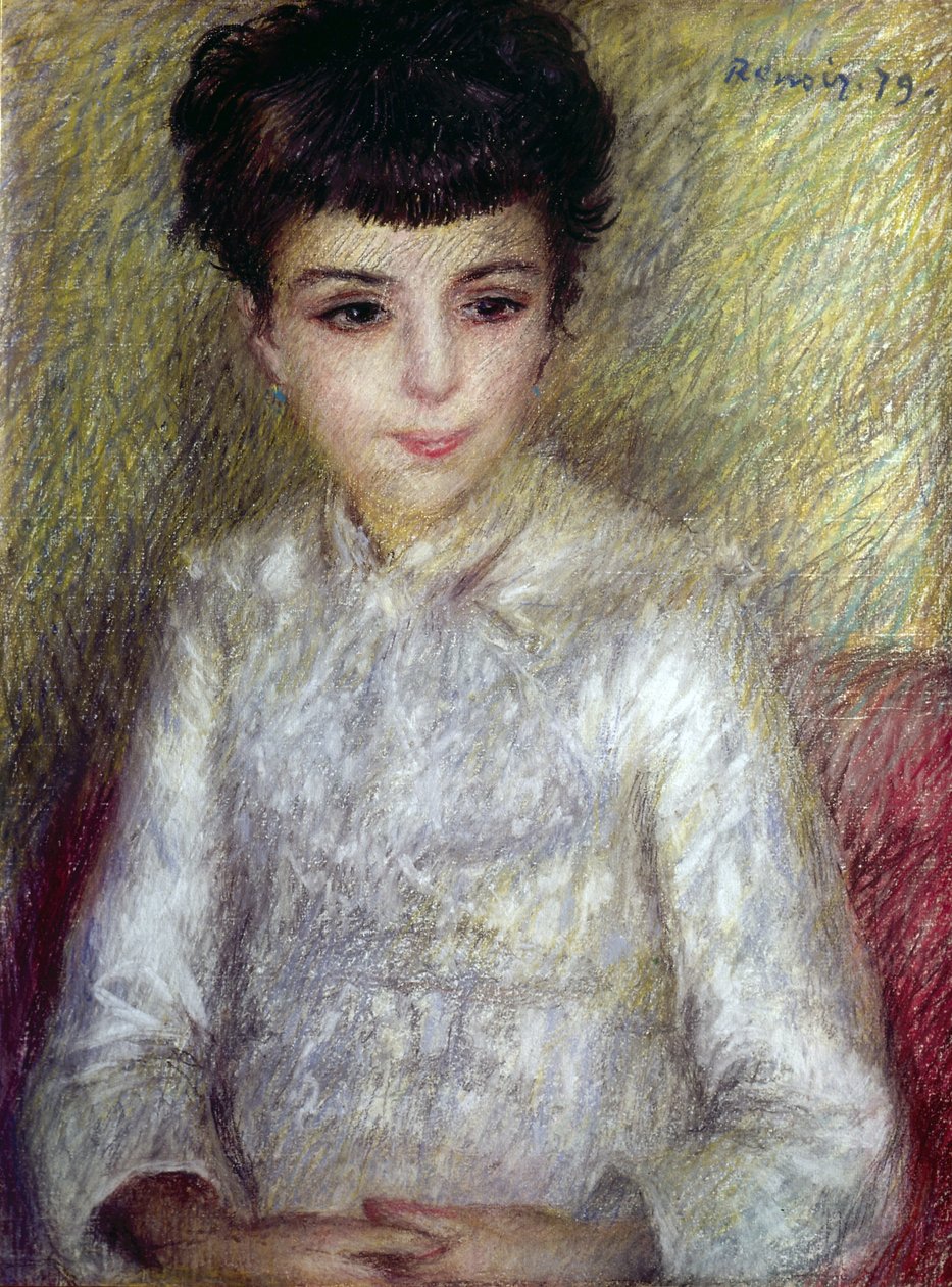 Młoda brunetka dziewczyna siedzi ze skrzyżowanymi rękami autorstwa Pierre Auguste Renoir