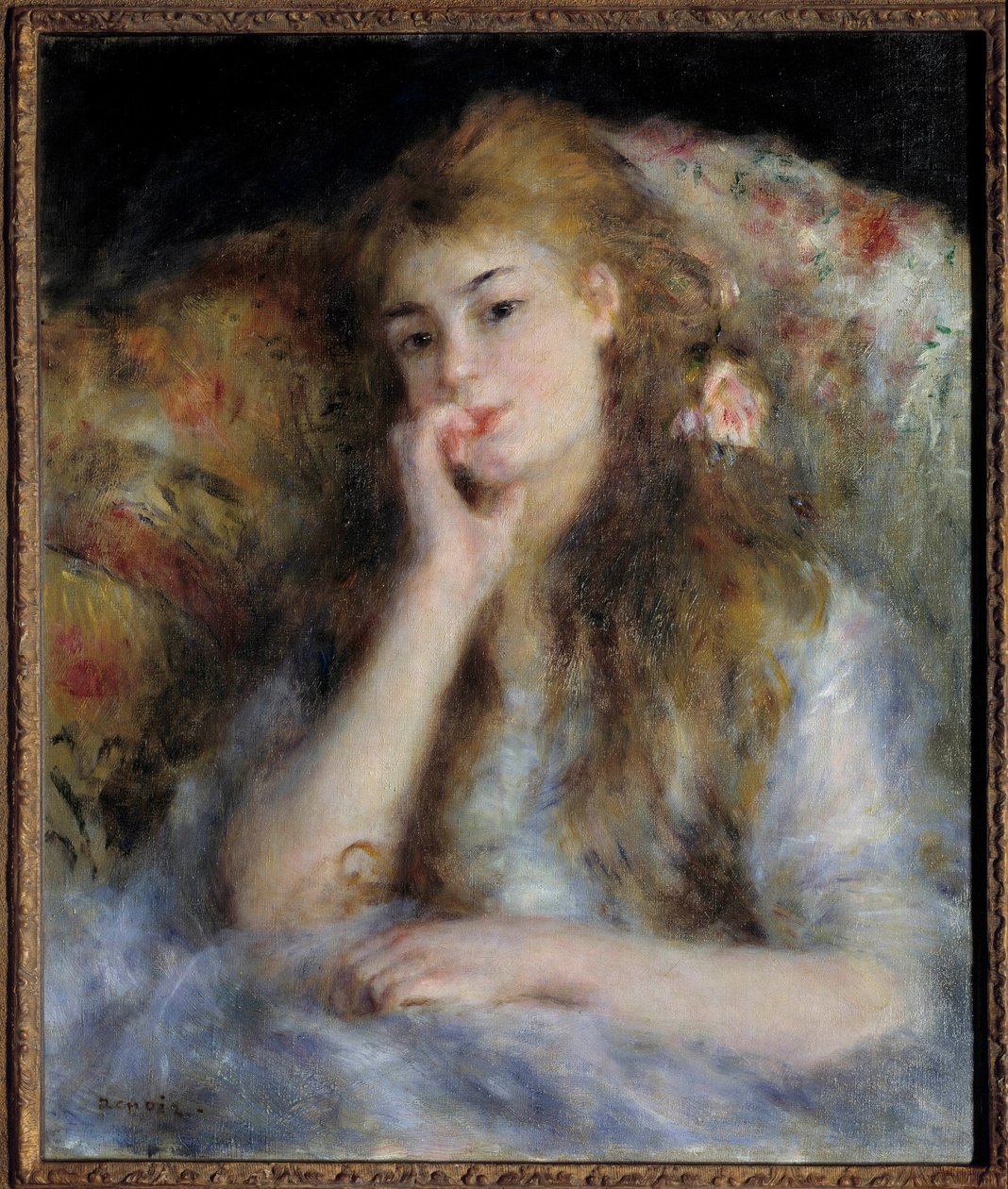 Siedząca młoda dziewczyna lub „myśl” Obraz Pierre Auguste Renoir (1841-1919) 1876 Kolekcja prywatna - Siedząca młoda kobieta lub „Myśl””. Obraz Pierre Auguste Renoir (1841-1919) autorstwa Pierre Auguste Renoir
