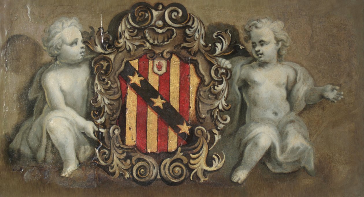 Dwa putta podtrzymujące kartusz z ramionami Eltona, ok. 1710-20 (olej na gipsie) autorstwa Pierre Berchet