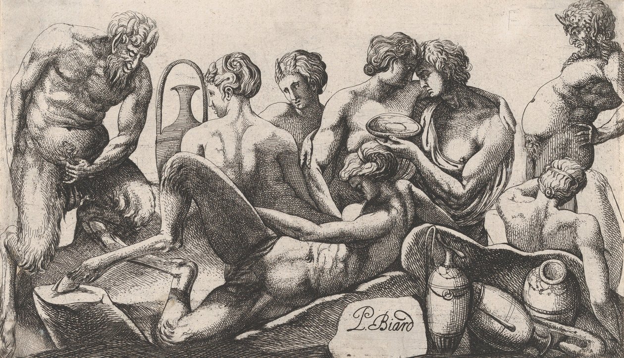 Osiem satyrów i satyres kończących posiłek, 1607-61. autorstwa Pierre Biard