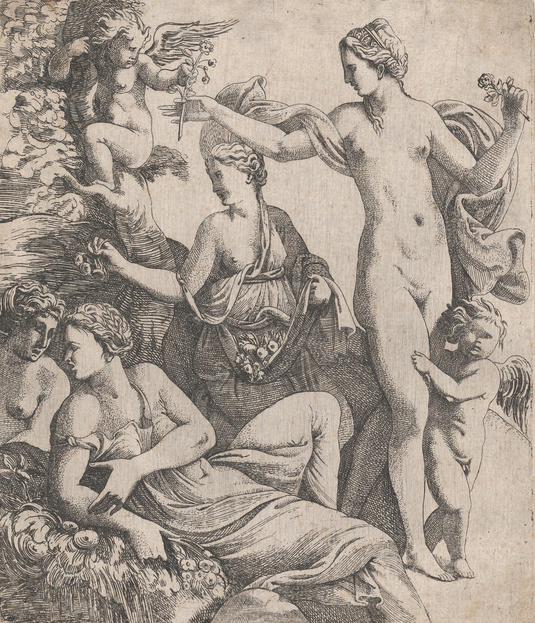 Wenus, stojąca z trzema Gracjami, otrzymuje kwiat z putta, 1607-61. autorstwa Pierre Biard