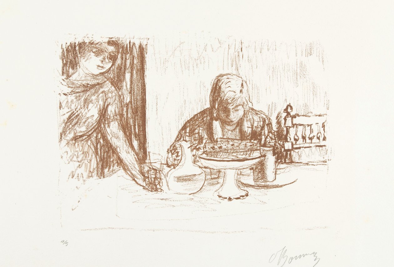 Mężczyzna i kobieta przy zastawionym stole z naczyniami i karafką La coupe et le compotier autorstwa Pierre Bonnard (signed by artist)