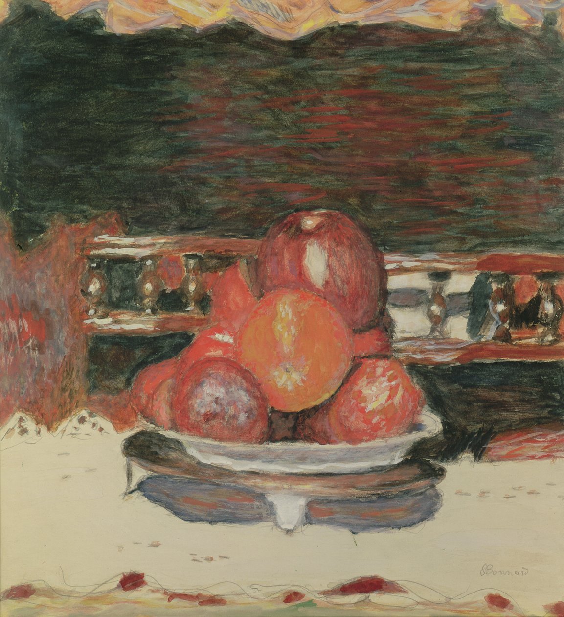 Owoce, Ciemna Harmonia, ok. 1930 (gwasz i toaleta na papierze) autorstwa Pierre Bonnard