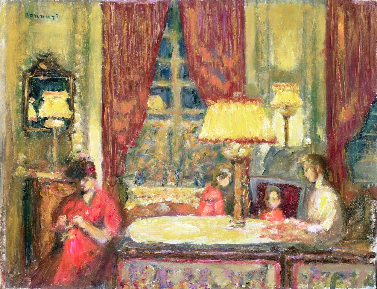 Wnętrze oświetlone lampą z postaciami (olej na płótnie) autorstwa Pierre Bonnard