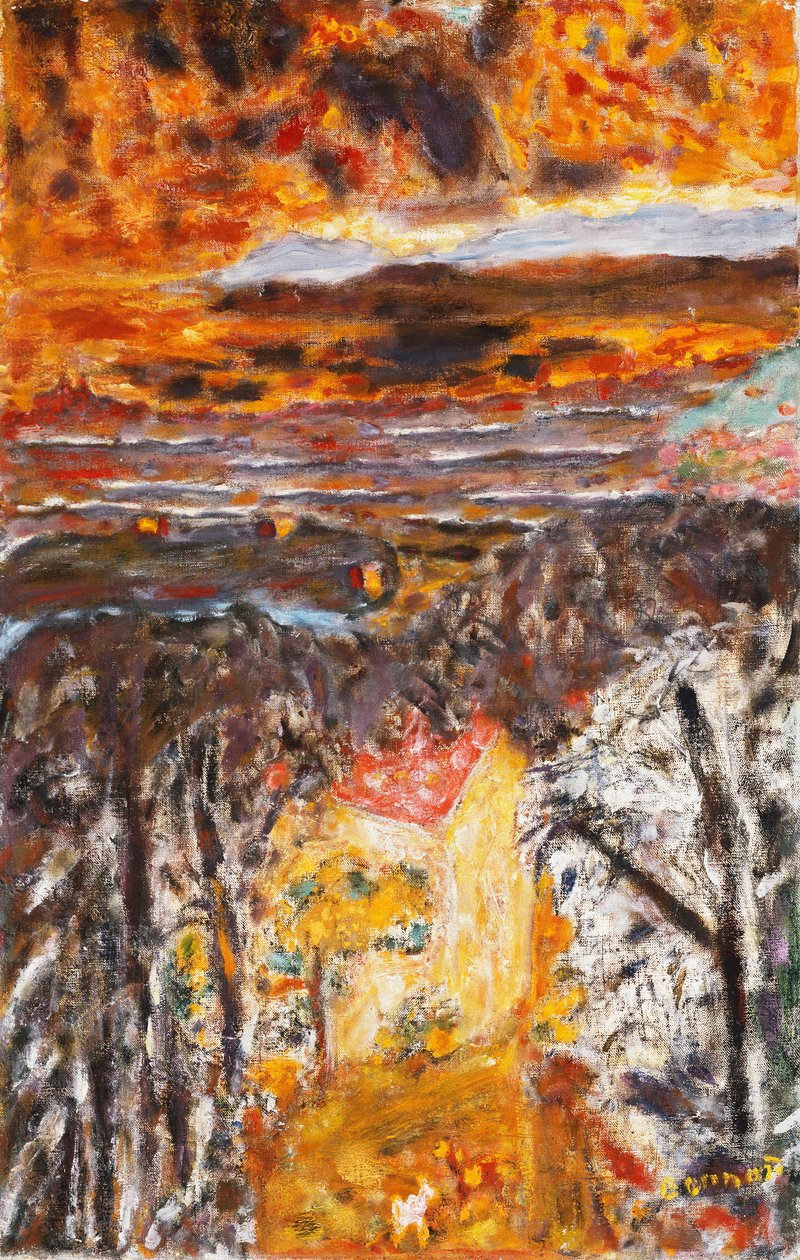Krajobraz, Różowy Dom, Zachód słońca; Pejzaż, Różowy dom, Zachód słońca, ok. 1934 (olej na płótnie) autorstwa Pierre Bonnard