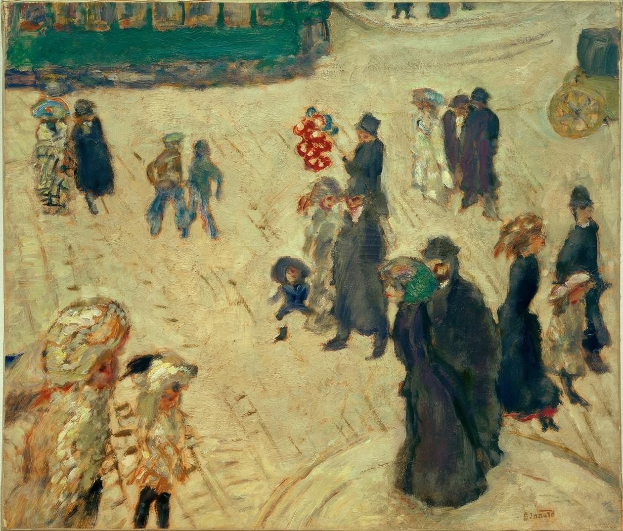 Zielony tramwaj (postacie na ulicy z zielonym tramwajem) autorstwa Pierre Bonnard