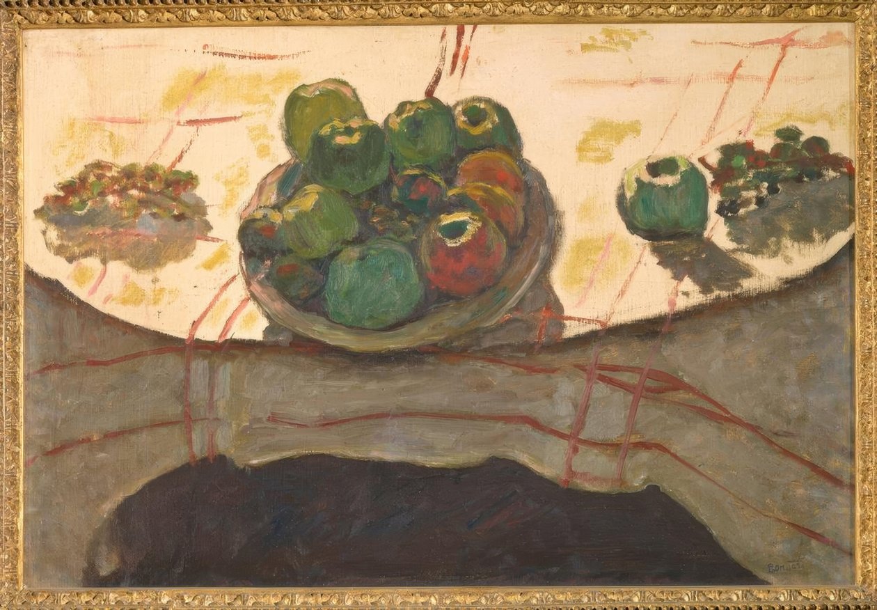martwa natura; talerz i owoce lub miska brzoskwiń autorstwa Pierre Bonnard