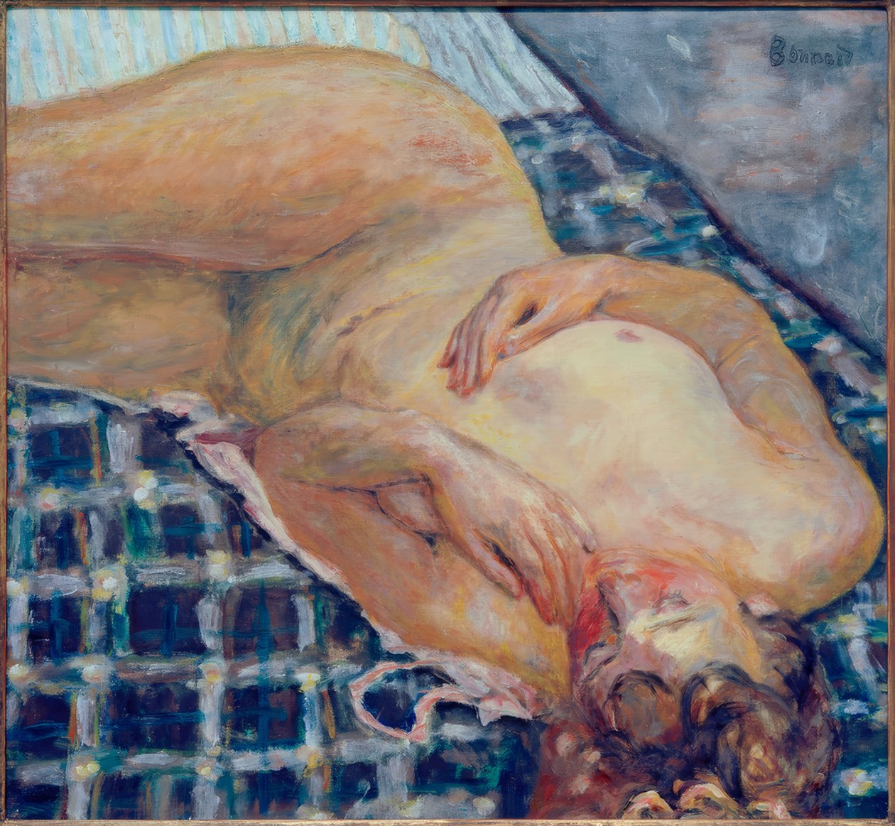Półleżące tło w biało-niebieskie kratkę autorstwa Pierre Bonnard