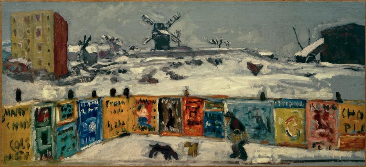 Palisada, plakaty (palisada pokryta plakatami i stare młyny Montmartre pod śniegiem) autorstwa Pierre Bonnard