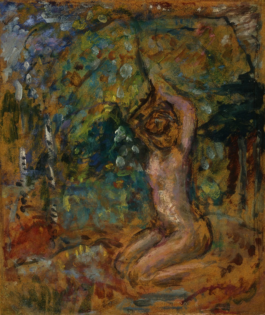 Akt mały, z podniesionymi rękami, w pejzażu, ok. 1907 (malowanie na kleju na desce ułożonej na desce z kołyski) autorstwa Pierre Bonnard
