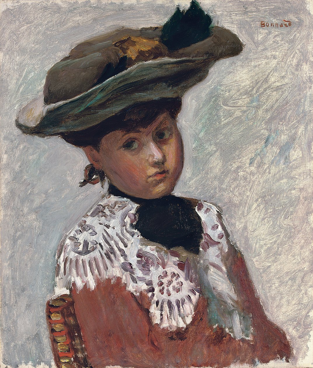 Portret młodej kobiety lub kapelusz; Portret młodej kobiety (Kapelusz), ok. 1905 (olej na płótnie położony na płycie) autorstwa Pierre Bonnard