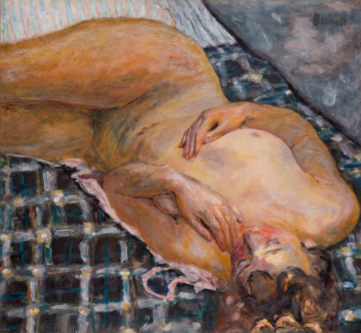 Leżący akt na tle biało-niebieskiej kraty, ok. 1909 (olej na płótnie) autorstwa Pierre Bonnard