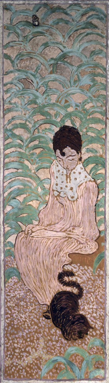Siedząca kobieta z kotem, jeden z czterech paneli Kobiety w ogrodzie, 1891 (olej na papierze na płótnie) autorstwa Pierre Bonnard