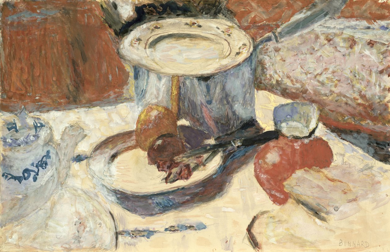 Martwa natura z rondelkiem, 1930 (gwasz i toaleta na papierze) autorstwa Pierre Bonnard