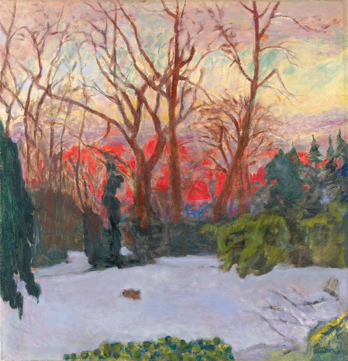 Ogród pod śniegiem, zachód słońca; Ogród w śniegu, zachodzące słońce, ok. 1910 (olej na płótnie) autorstwa Pierre Bonnard