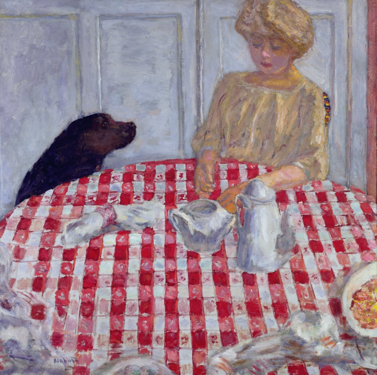 Obrus w czerwoną kratkę, czyli obiad dla psów, 1910 autorstwa Pierre Bonnard