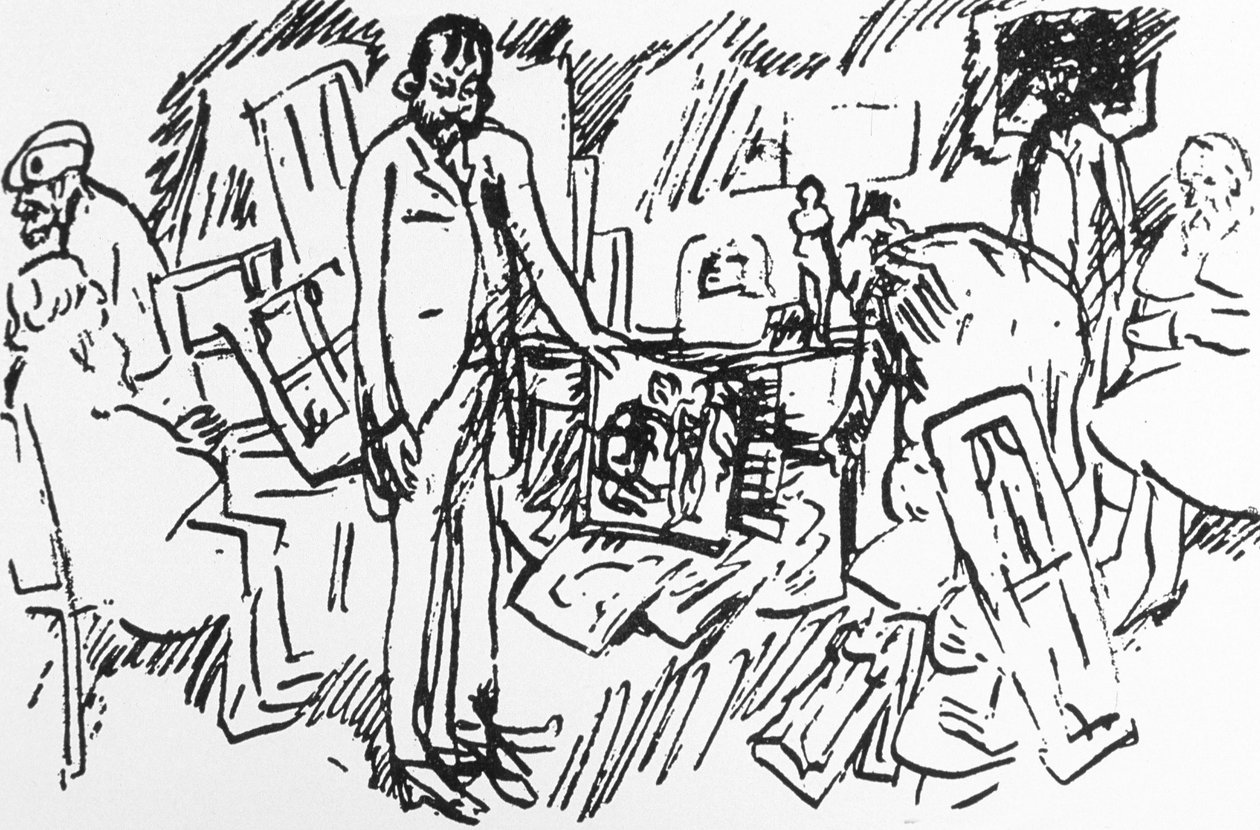 Sklep paryskiego marszanda Ambroise Vollarda w Paryżu około 1895 roku: malarze Camille Pissarro, Auguste Renoir, Pierre Bonnard i Edgar Degas z klientem (pióro i atrament na papierze) autorstwa Pierre Bonnard