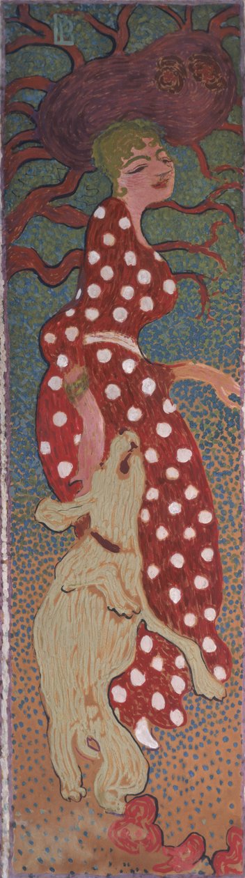 Kobieta w sukni w białe plamki, jeden z czterech paneli Kobiety w ogrodzie, 1891 (olej na papierze na płótnie) autorstwa Pierre Bonnard
