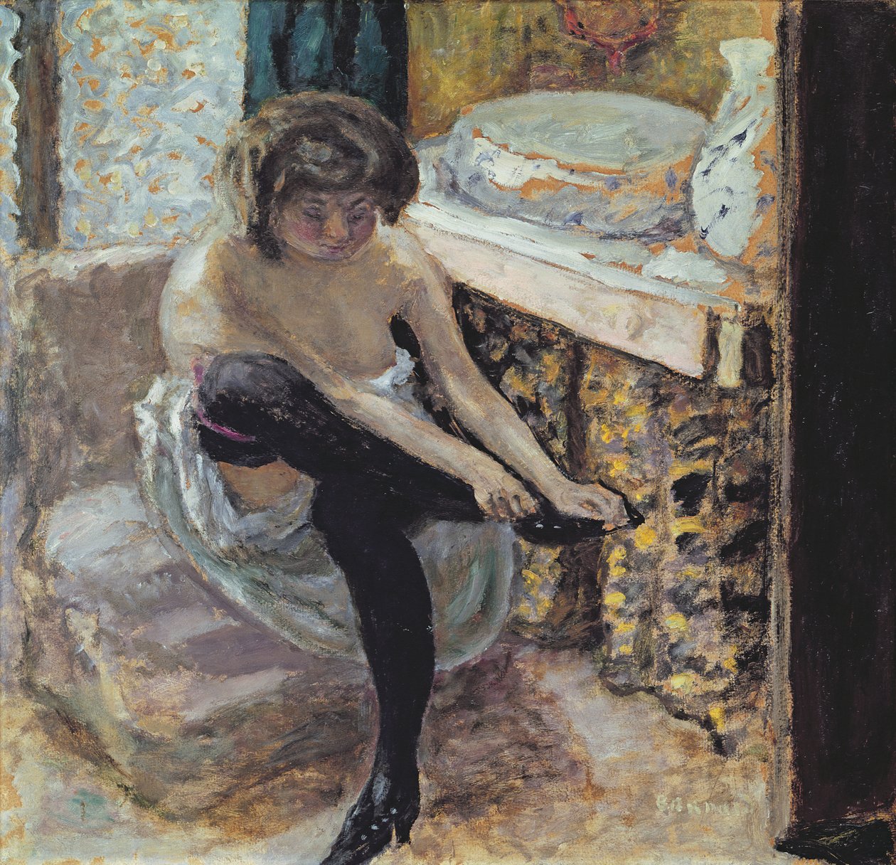 Kobieta w czarnych pończochach lub Kobieta w toalecie, ok. 1900 (olej na karcie) autorstwa Pierre Bonnard