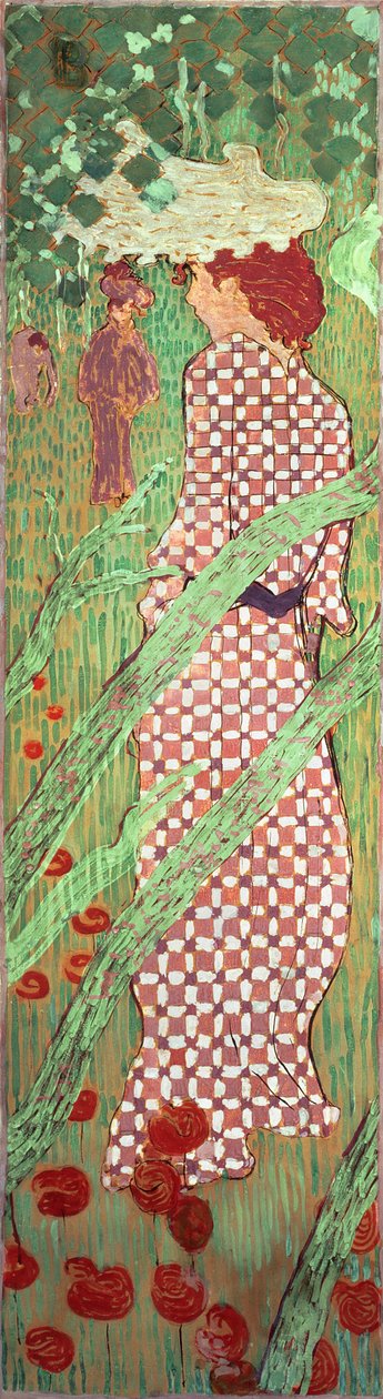 Kobieta w kraciastej sukience, jeden z czterech paneli Kobiety w ogrodzie, 1891 (olej na papierze na płótnie) autorstwa Pierre Bonnard