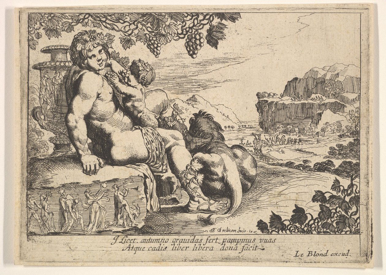 Bachus, Satyr i Lew, 1610-42. autorstwa Pierre Brebiette