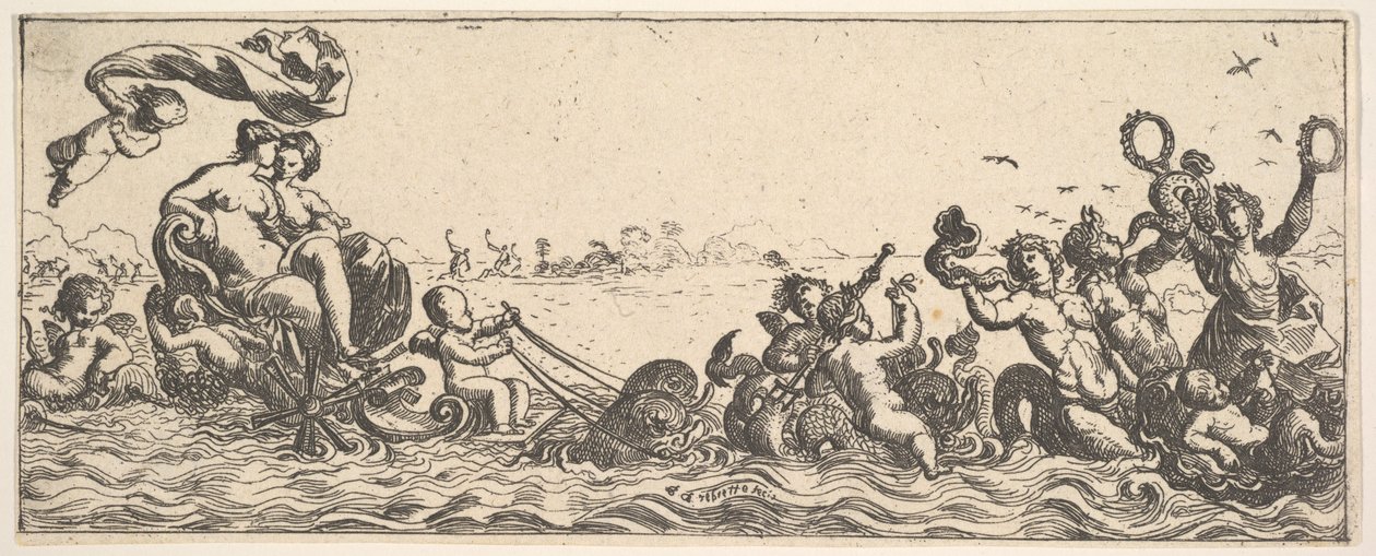 Dwie kobiety siedzące w muszli, 1615-1642. autorstwa Pierre Brebiette