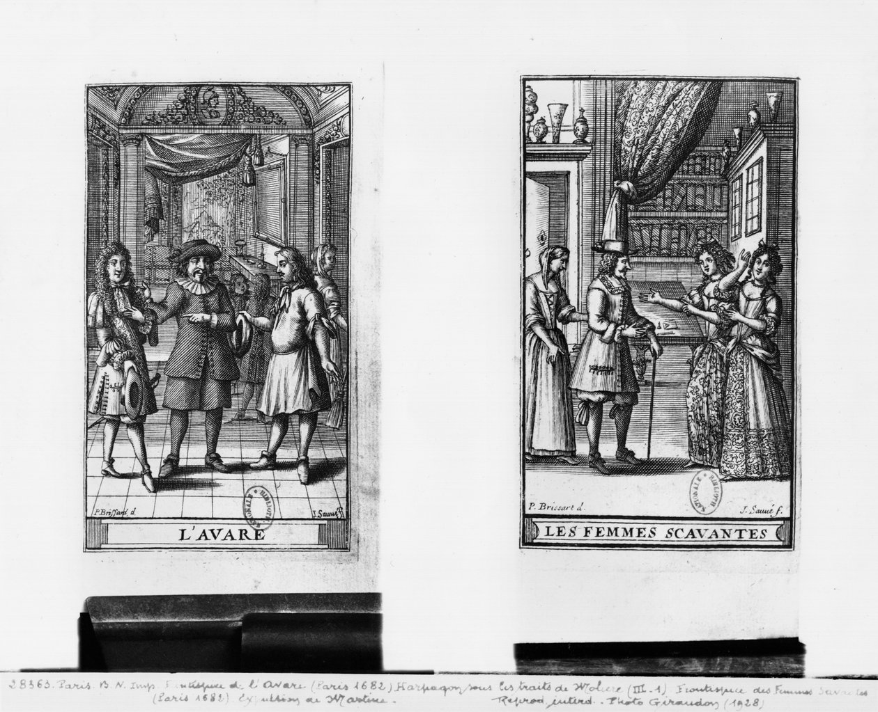 Moliere jako Harpagon, frontyspis do „Skąpiec”, 1668 i frontispis do „Uczonych dam”, 1672, autorstwa Moliera (1622–73) ryty Jean Sauve (fl.1660–91) wydany w Paryżu w 1682 r. (b autorstwa Pierre Brissart