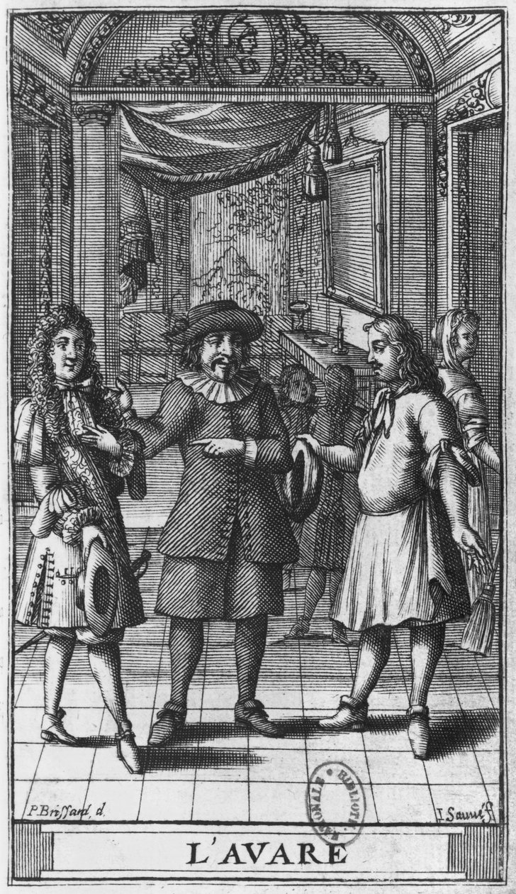 Moliere jako Harpagon, ilustracja frontispisowa z „Skąpiec” Moliera, sztychowana przez Jeana Sauve