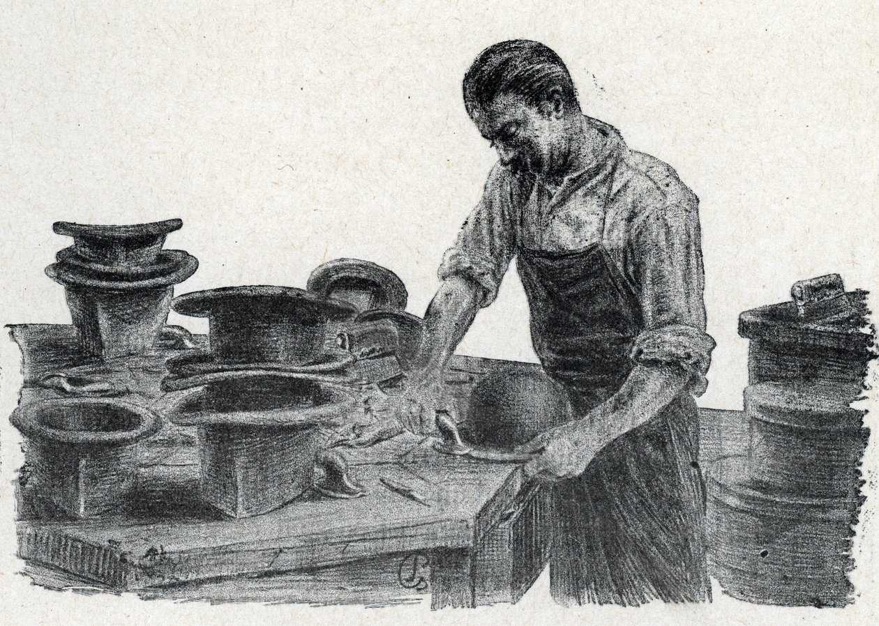 Kapelusznik: zaciskanie krawędzi melonika (robienie melonika) Rycina zaczerpnięta z „Excursion a travers les metiers” autorstwa Pierre Calmette Private Collection autorstwa Pierre Calmettes