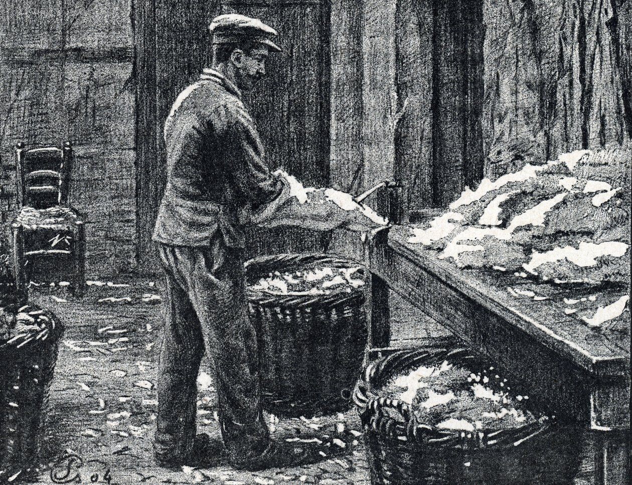 Skóra: dzielenie skór króliczych w celu wytworzenia skóry Rycina z „Excursion a travers les metiers” autorstwa Pierre Calmette Private Collection autorstwa Pierre Calmettes