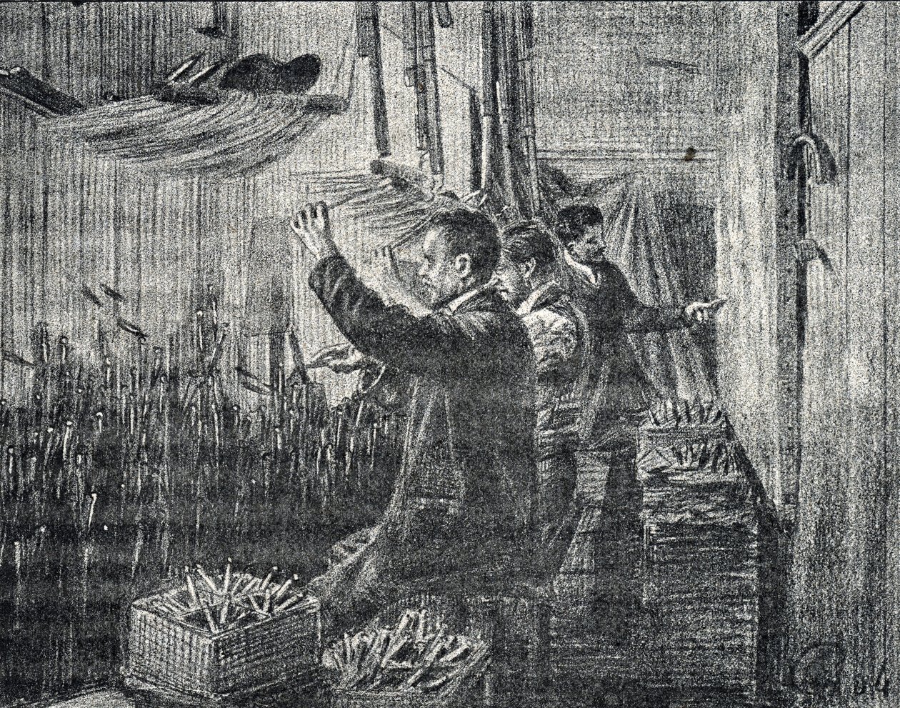 Gobelin z Aubusson: tapicerzy pracują do góry nogami Rycina z „Excursion a travers les metiers” autorstwa Pierre Calmette Kolekcja privee autorstwa Pierre Calmettes