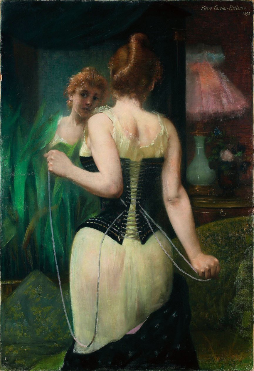 Młoda kobieta poprawiająca gorset, 1893 autorstwa Pierre Carriere Belleuse
