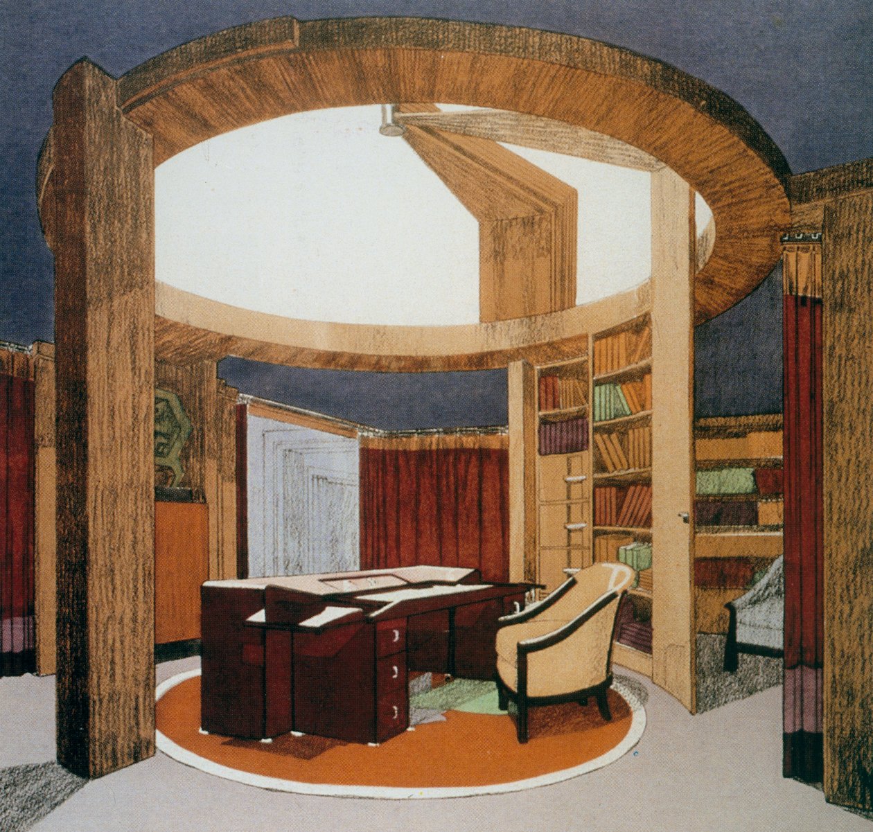 Projekt gabinetu-biblioteki (Bureau-Bibliotheque) Ambassade de France, Pierre Chareau (1883-1950), prezentowany na Międzynarodowej Wystawie Sztuki Dekoracyjnej w Paryżu, 1925, Francja, XX wiek autorstwa Pierre Chareau