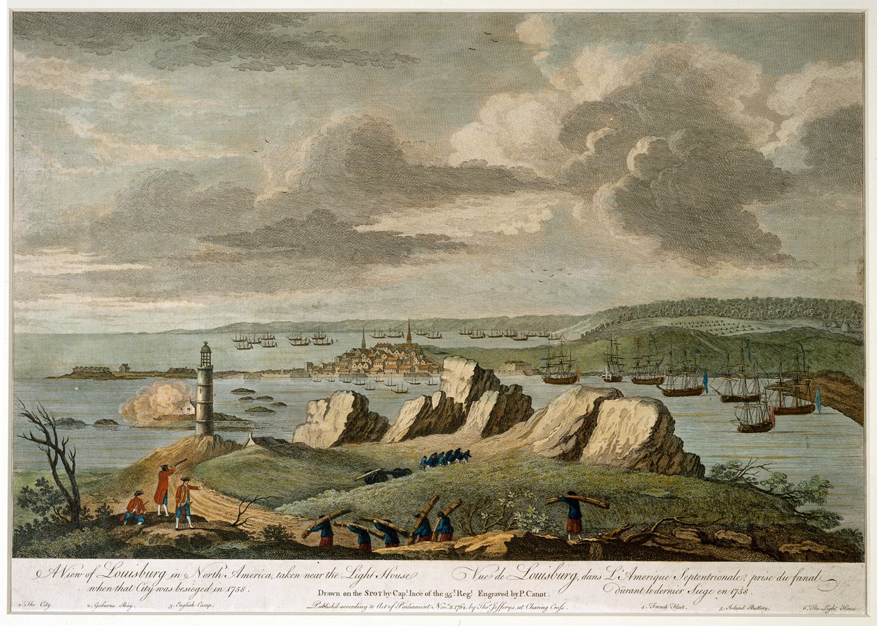Widok Louisburga w Ameryce Północnej wykonany w pobliżu latarni morskiej podczas oblężenia tego miasta w 1758 (rycina liniowa, kolorowa) autorstwa Pierre Charles Canot