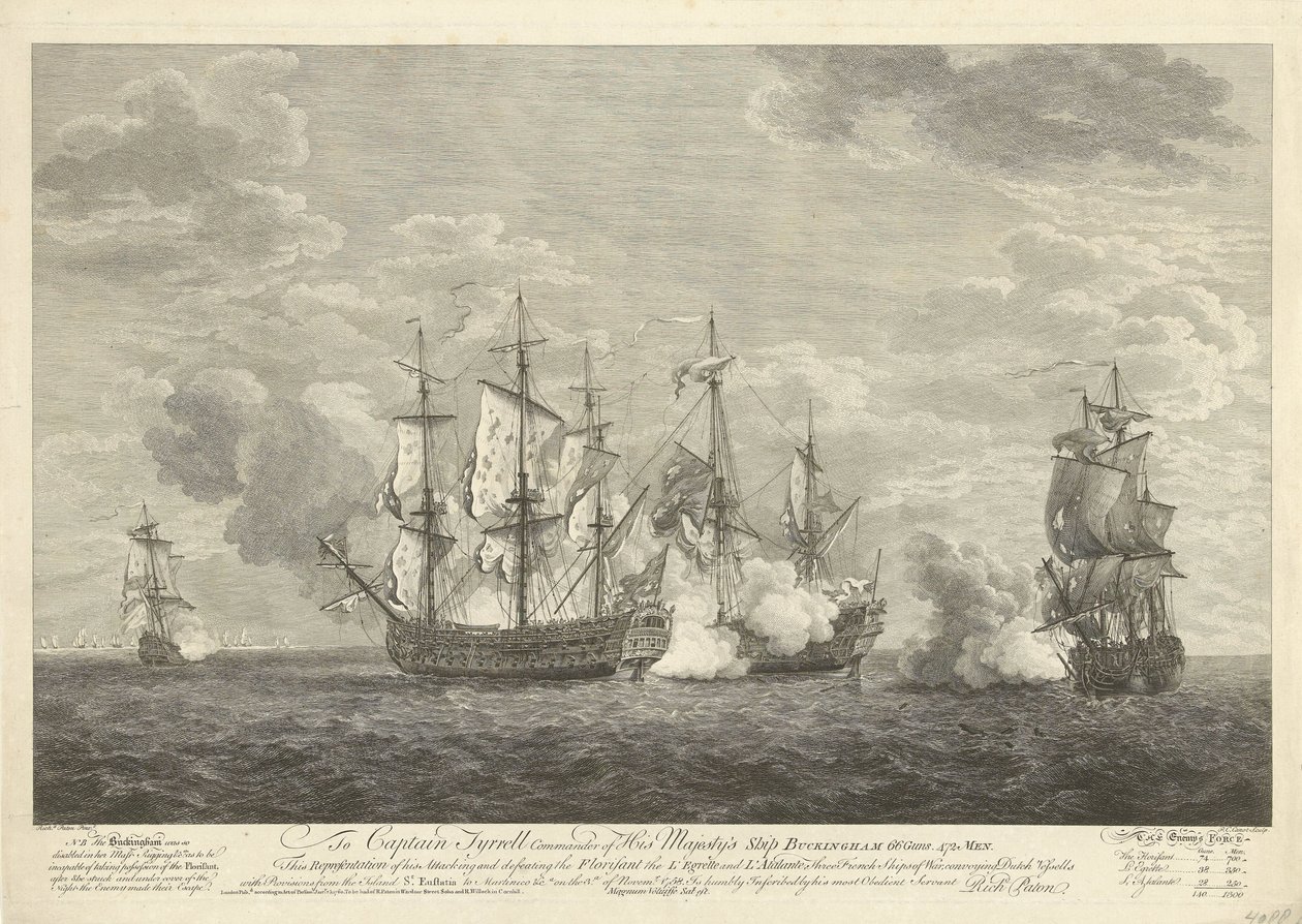 Atak angielskiego statku na trzy francuskie statki u St. Eustatius, 1758 autorstwa Pierre Charles Canot