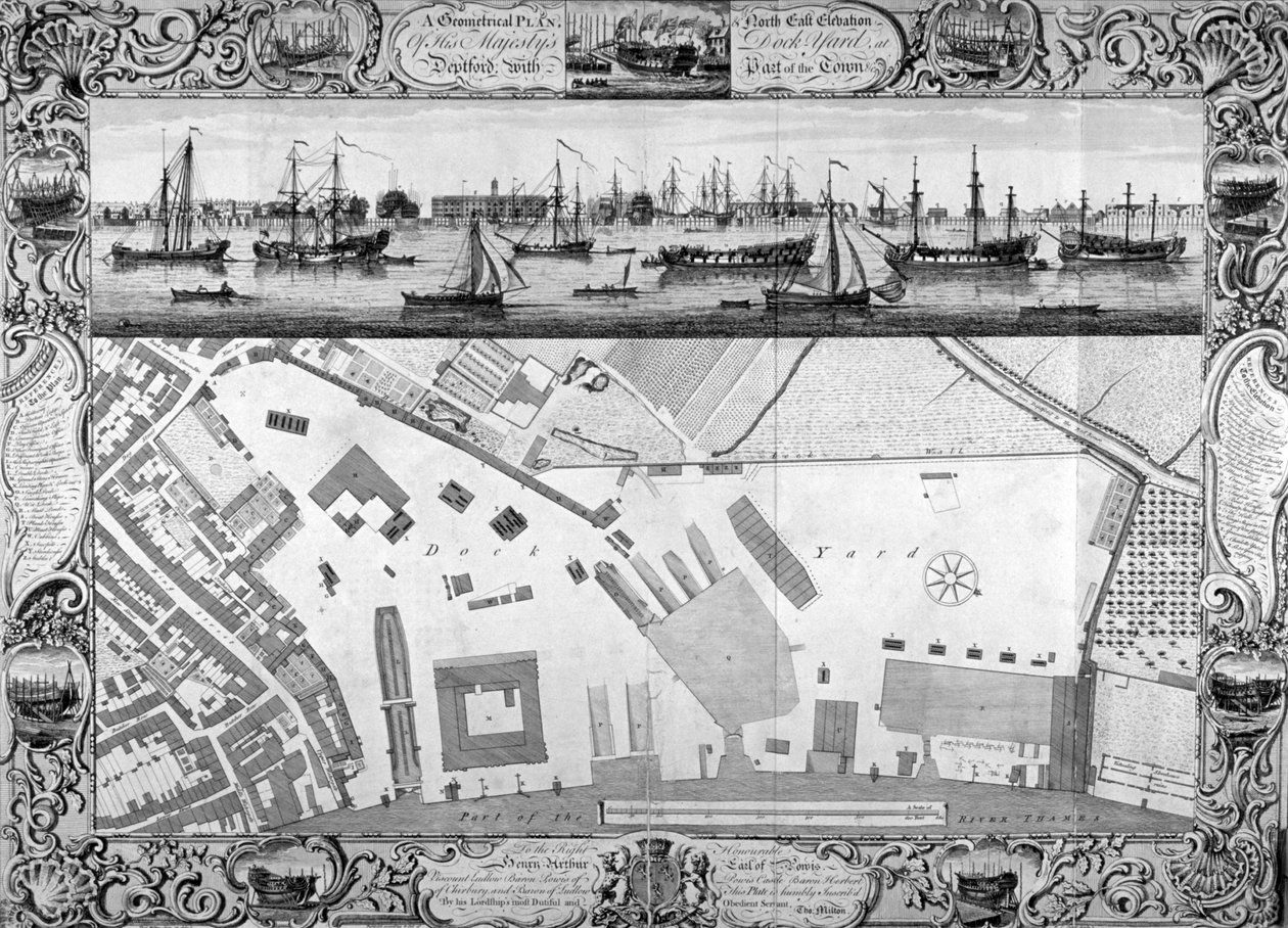 Doki w Deptford, Londyn, 1753. autorstwa Pierre Charles Canot