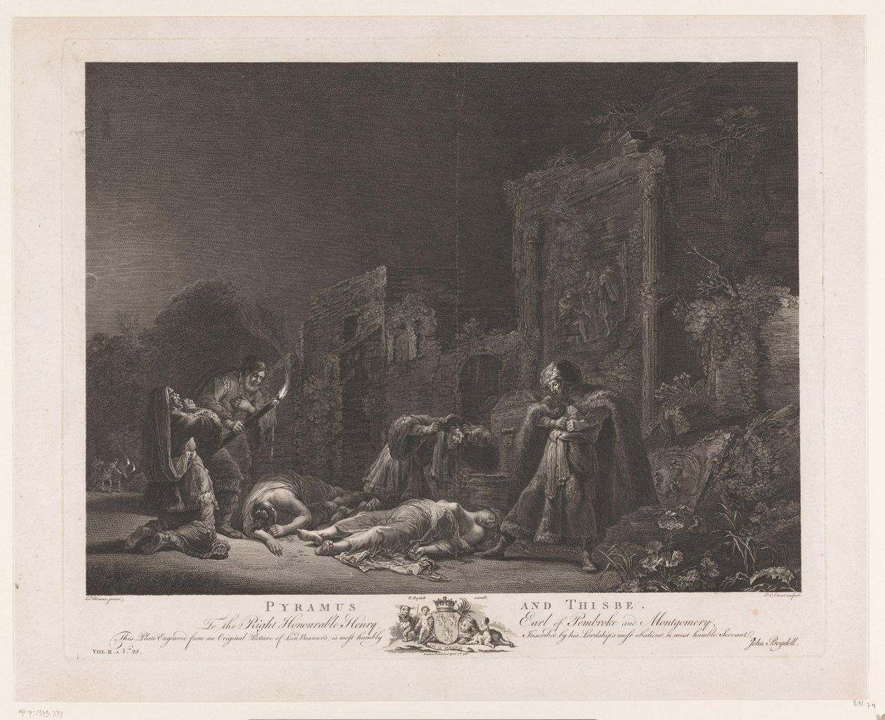 Piramus i Thisbea Pyramus i Thisbe (tytuł na obiekcie) Główne obrazy Anglii (tytuł serii) The Most Capital Paintings in England (tytuł serii) autorstwa Pierre Charles Canot