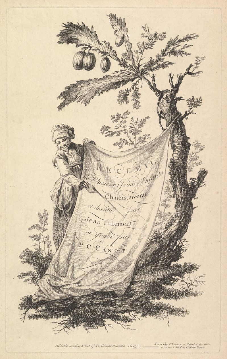 Strona tytułowa: uśmiechnięty mężczyzna trzyma róg szmatki przywiązanej do drzewa figowego i wskazuje s..., 1759. autorstwa Pierre Charles Canot