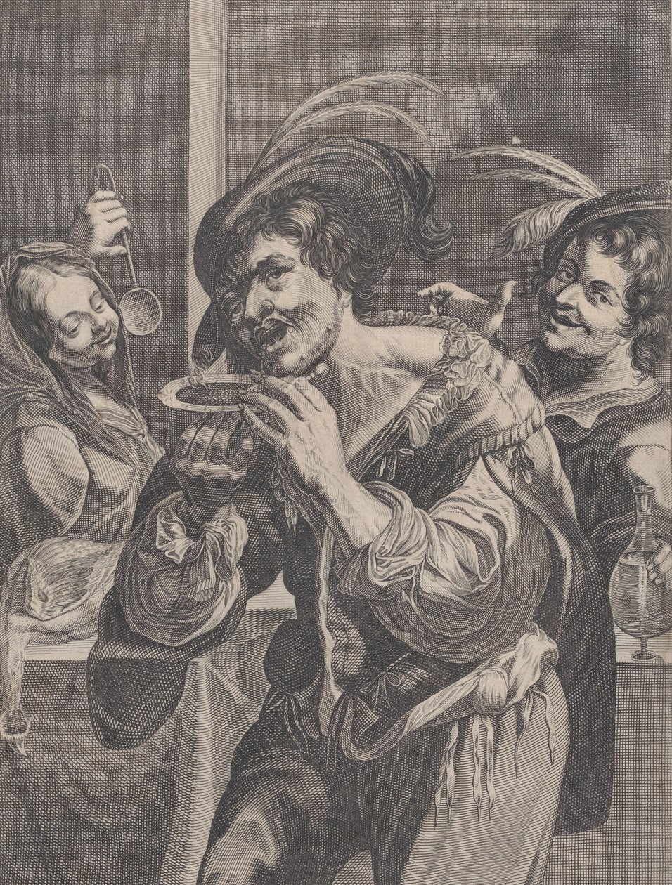 Mężczyzna pijący zupę, podczas gdy dwie osoby go obserwują, 1624-75. autorstwa Pierre Daret