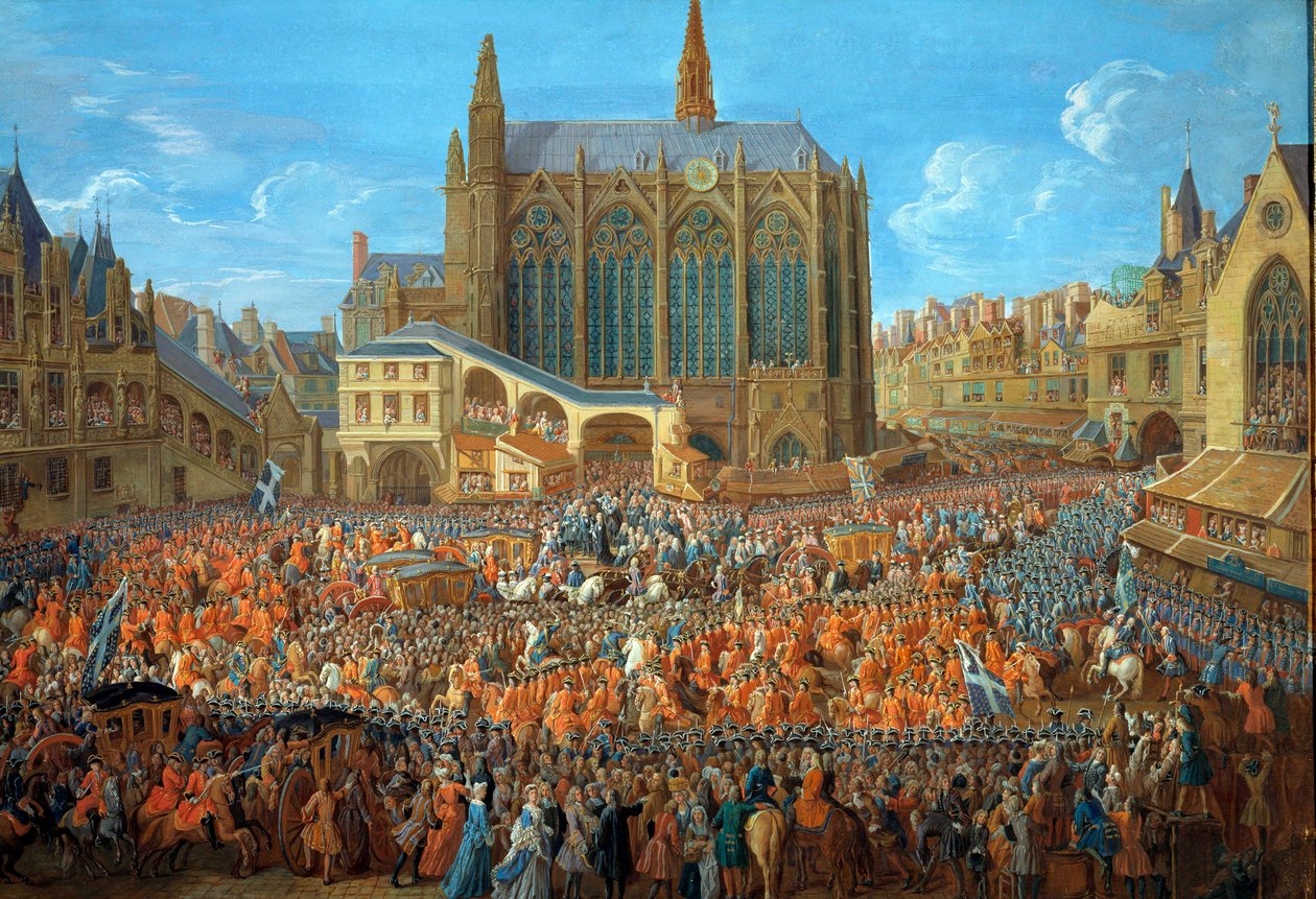 Król Ludwik XV (1710-1774) opuszcza łoże sprawiedliwości w Palais de Justice w Paryżu dnia 12.09.1715 La Sainte Chapelle est visible - Malowanie a la gwasz Pierre