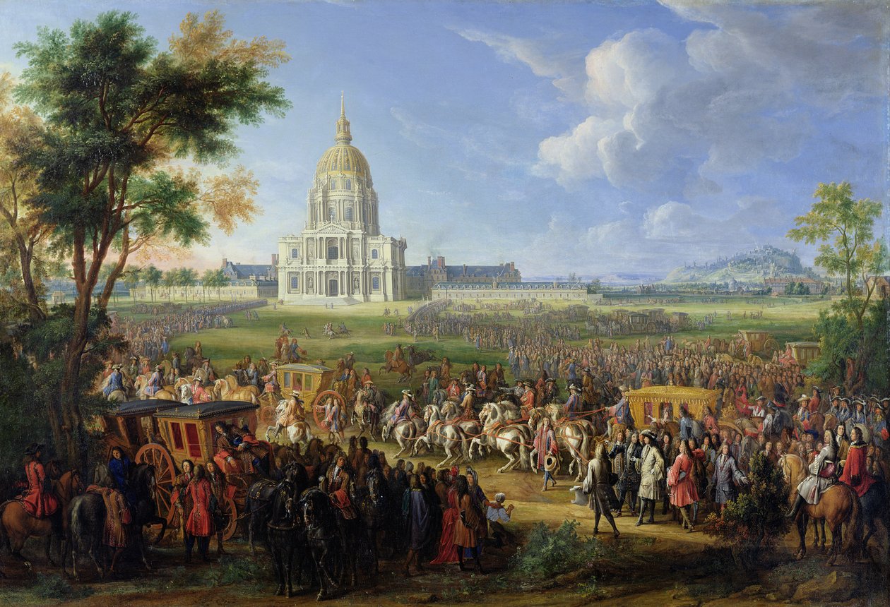 Ludwik XIV (1638-1715) i jego świta odwiedzający Les Invalides, 26 sierpnia 1706 r. autorstwa Pierre Denis Martin