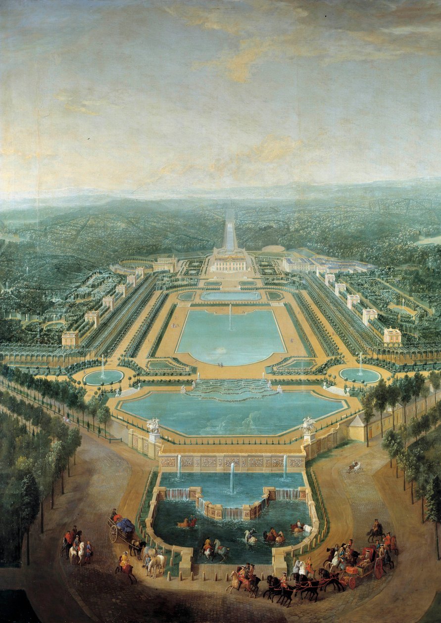 Widok perspektywiczny zamku Marly, króla Ludwika XV (1710-1774) dziecko w powozie przejeżdża przed poidłem Obraz Pierre