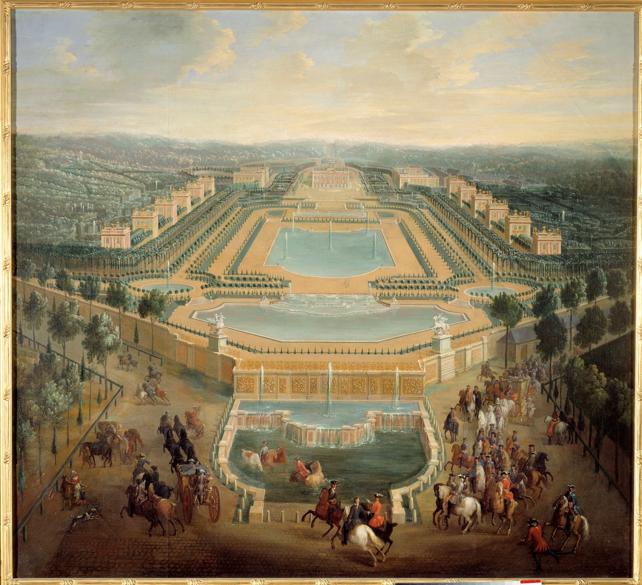 Widok perspektywiczny zamku Marly, król Ludwik XV (1710-1774) w karetce opuszcza zamek Obraz Pierre