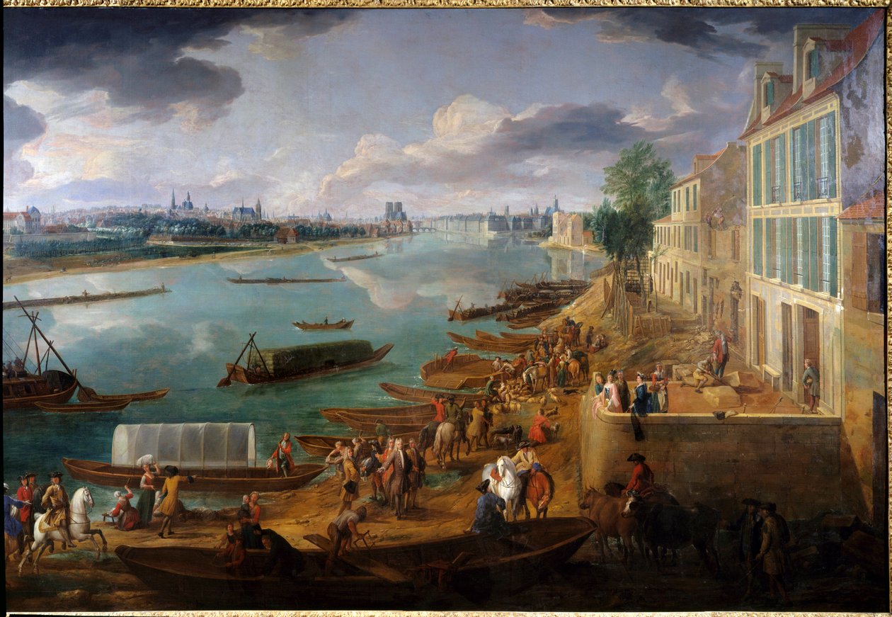 Widok na Paryż, zaczerpnięty z Quai de la Rapee w 1716 r. Szczegóły łodzi na Sekwanie i aktywności. Obraz Pierre