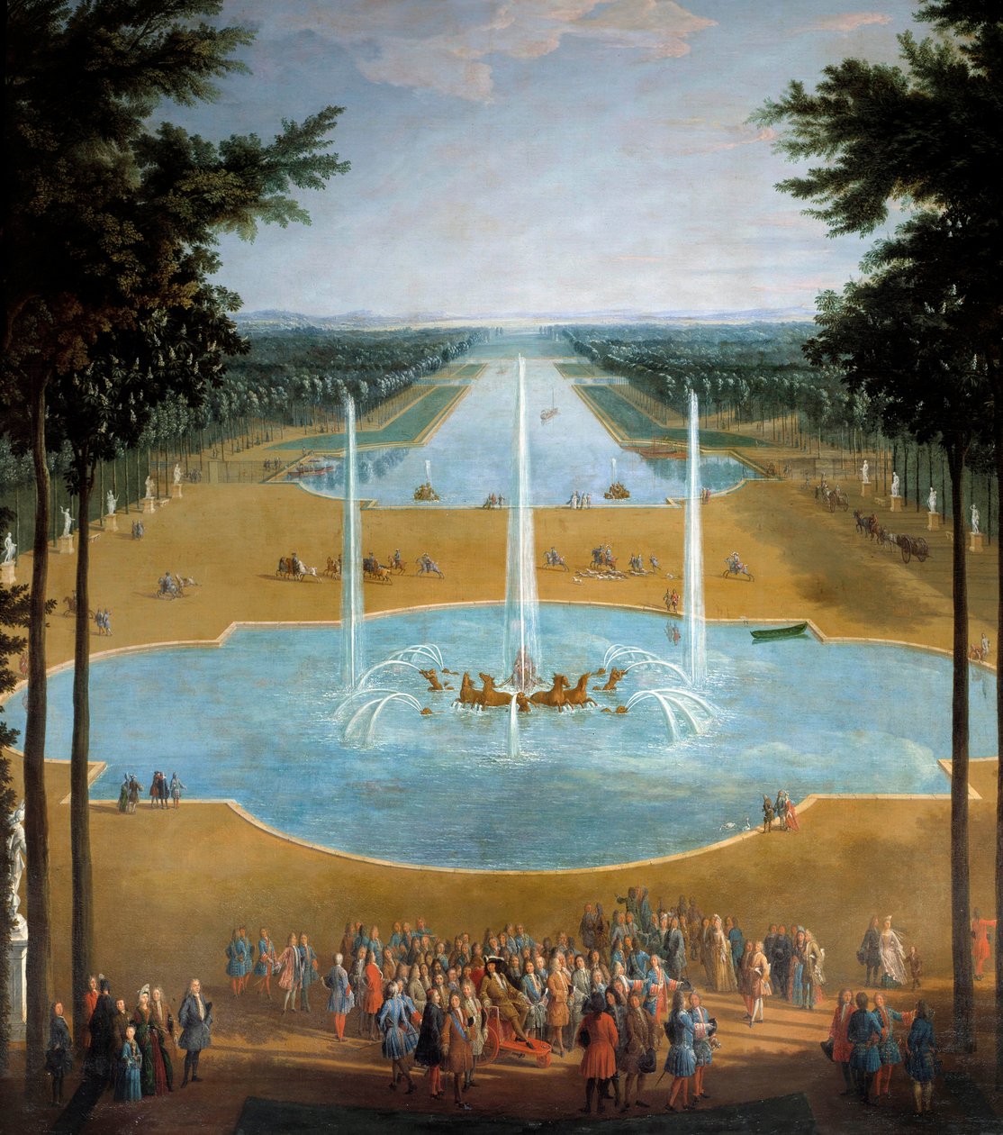 Widok na basen Apollina i Canal Grande w Wersalu w 1713 r., na pierwszym planie: król Ludwik XIV (1638-1715) ma promenadę ok. 1713 r. Fragment obrazu Pierre