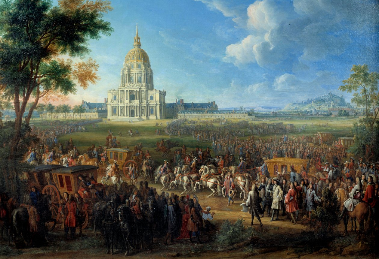 Wizyta króla Ludwika XIV w nowo ukończonym 14 lipca kościele Royal Hotel des Invalides autorstwa Pierre Denis Martin