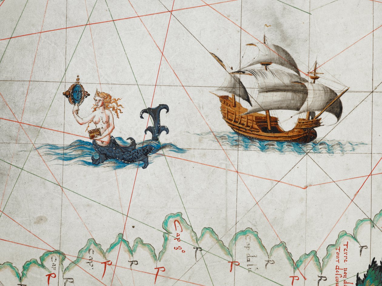Fragment syreny podziwiającej siebie w lustrze i statku na wschodzie na Oceanie Południowym, z Mapy świata, „Faicte a Arqves par Pierres Desceliers P[res]b[yte]re lan 1550” (vellum) autorstwa Pierre Descaliers