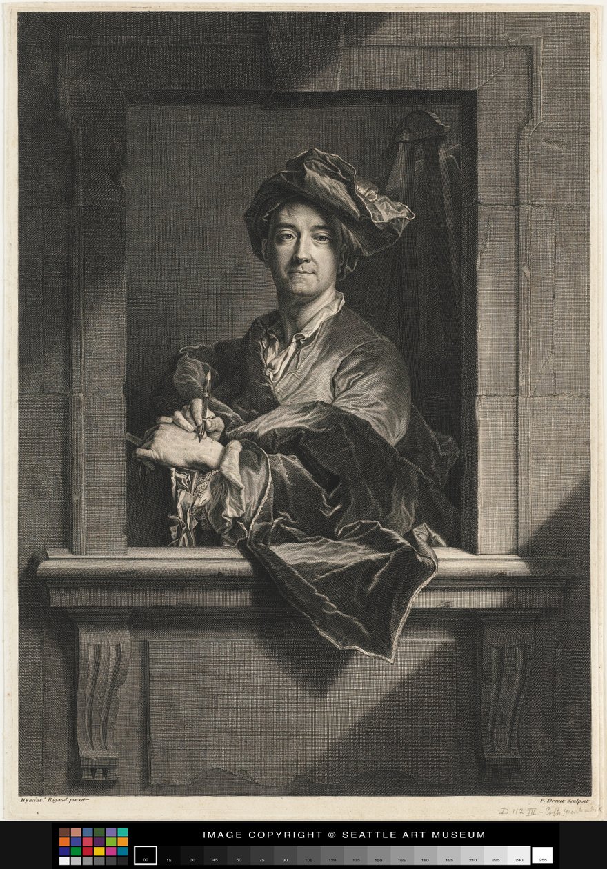 Rycina przedstawiająca samego siebie Hyacinthe Rigaud, koniec XVII-XVIII w. autorstwa Pierre Imbert Drevet